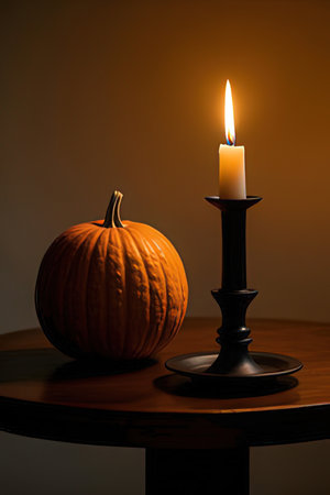 Pumpkin and candle on a wooden table in a dark roomの素材