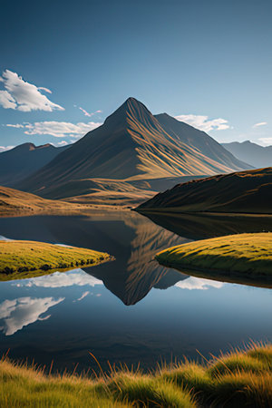 Mountains reflected in the water of a lake, New Zealand.の素材