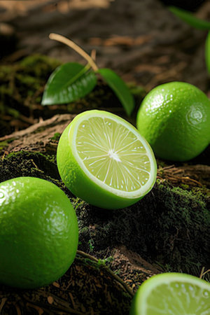 lime slices on moss background with copy space, food and drink conceptの素材