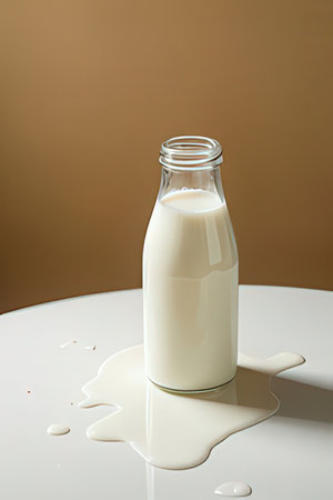 Milk in a bottle on a white table with a brown backgroundの素材