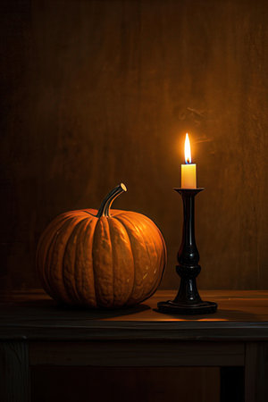 Halloween pumpkin and candle on a wooden background. Halloween concept.の素材