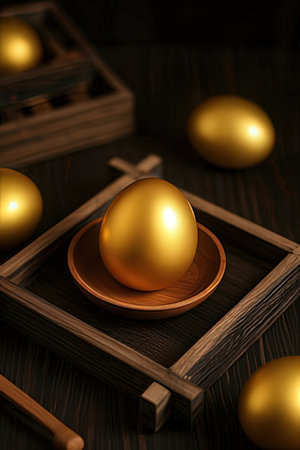 Golden Easter eggs in wooden tray on dark wooden background. 3d renderの素材