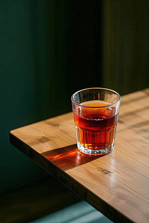 Glass of whiskey on a wooden table in a restaurant, selective focusの素材