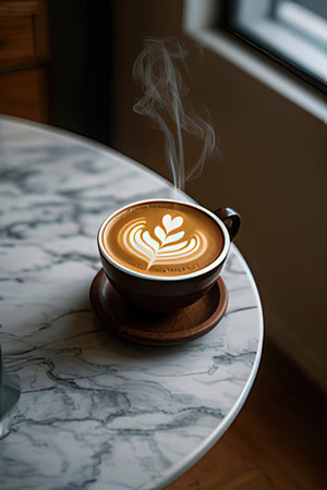 cup of coffee latte art on white marble table in coffee shopの素材