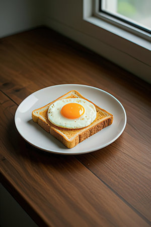 Breakfast with fried egg on toast bread on white plate on wooden tableの素材