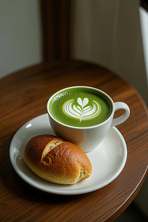 Green tea latte art in white cup and bread on wooden tableの素材