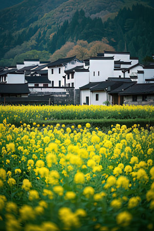 Rape blossoms and villageの素材