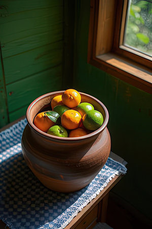 Oranges and limes in a clay pot on the windowsillの素材