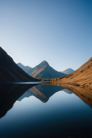 Beautiful landscape of mountains reflected in the lake. 3d renderの素材
