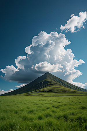 A mountain and grassland with blue sky and cloudsの素材