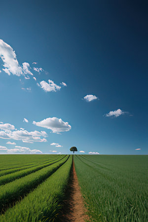Rural landscape with green field and blue sky with white clouds.の素材
