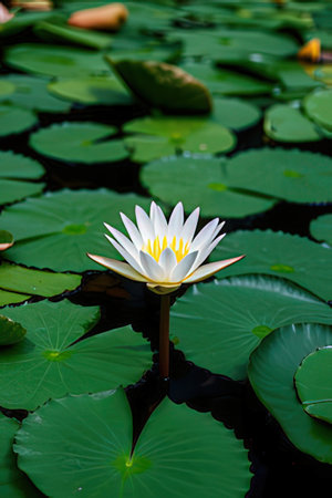 White water lily in the pond with green lotus leaf.の素材