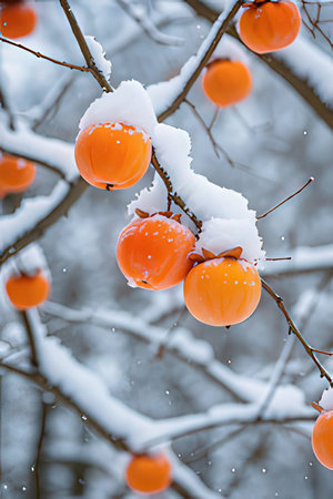 Ripe orange persimmon fruits on a branch in the snowの素材
