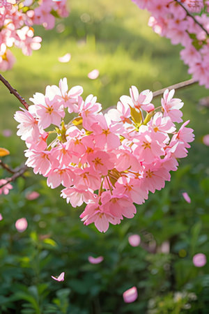 Cherry blossoms in full bloom with heart shaped petals.の素材