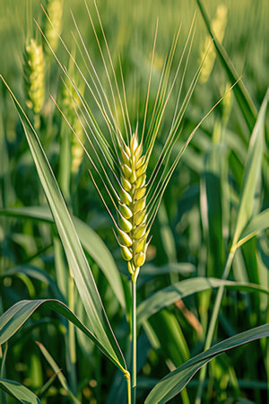 Close-up of green wheat ears growing in the field. Shallow depth of field.の素材