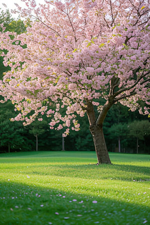 Blossoming sakura tree in the park on a sunny dayの素材