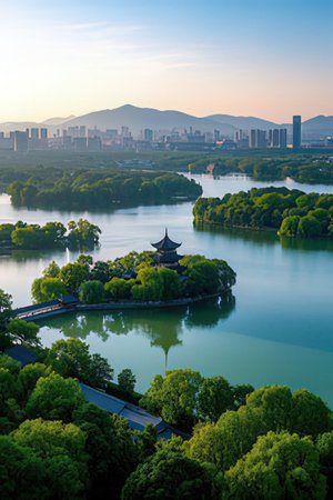 Aerial view of Hangzhou West Lake at sunset, China.の素材