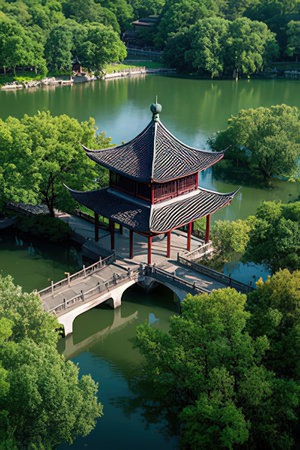 Aerial view of a pavilion in Hangzhou, China.の素材