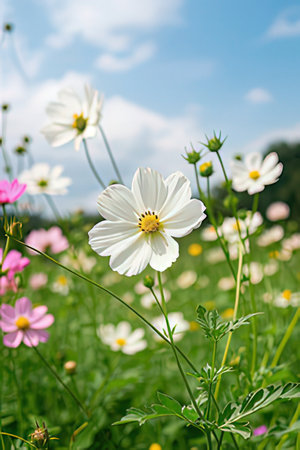 Cosmos flowers blooming in the meadow with blue sky backgroundの素材