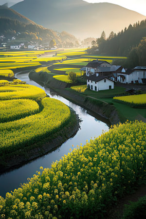 Rape field and village in the morningの素材