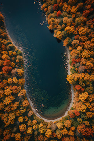 Aerial view of lake in autumn forest. Aerial view of lake and forest.の素材