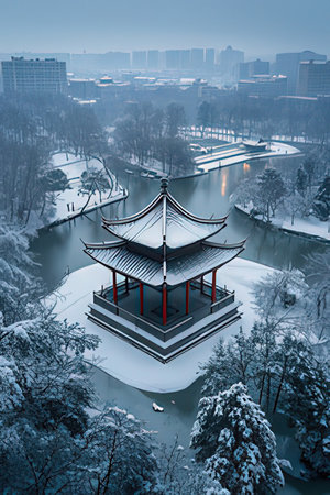 Aerial view of a Chinese pavilion in a park in winterの素材