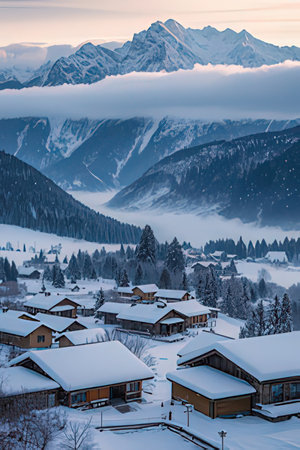 Winter in the swiss alps, Switzerland. View of the village of Engelberg on the Swiss alpsの素材