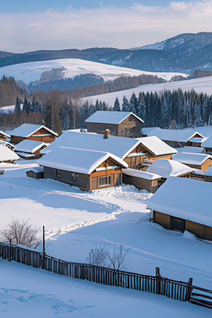 Houses in the mountains covered with snow. Beautiful winter landscape.の素材