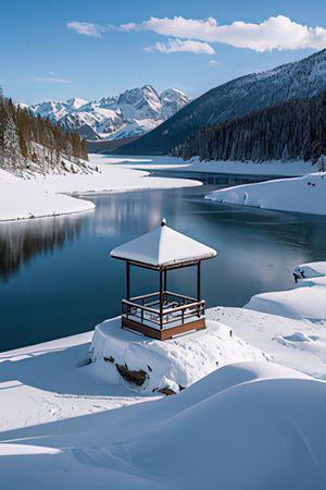 Beautiful winter landscape with mountain lake and gazebo.の素材