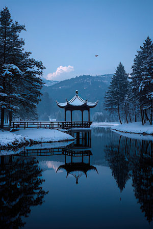 Pavilion on the lake in winter, Chengde, Hebei Province, Chinaの素材