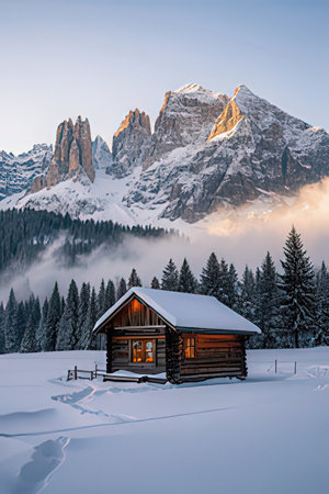 Wooden house in the Dolomites, Italy. Winter landscapeの素材