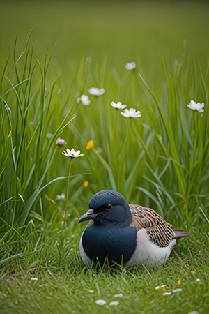 Pigeon on the grass with daisies in the backgroundの素材
