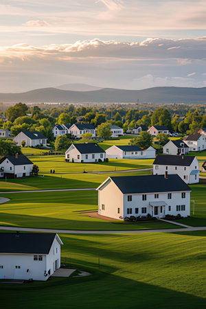 Aerial view of houses in the countryside during sunset.の素材