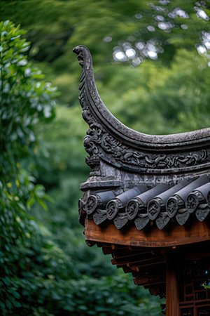 Traditional chinese roof in the garden. Selective focus on the roof.の素材