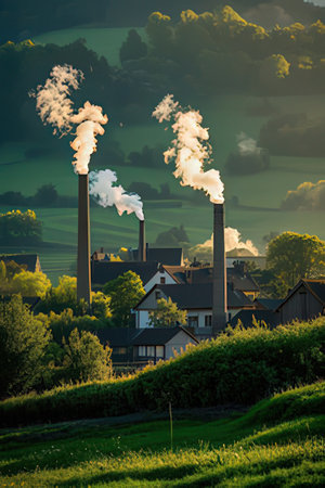 Factory chimneys with smoke rising from the chimneys on a hillsideの素材