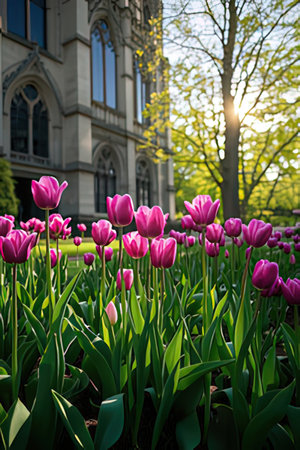 Tulips blooming in the park. Beautiful spring flowers.の素材