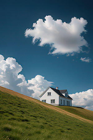 House on the hillside in the countryside with blue sky and cloudsの素材
