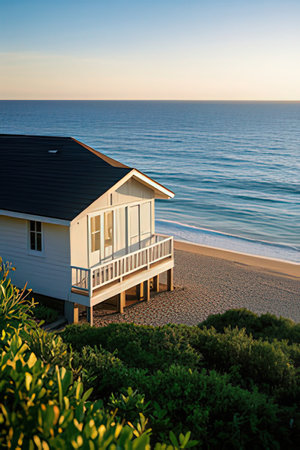 House on the beach at sunrise with the ocean in the background.の素材