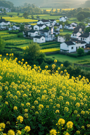 Rape blossoms and village in the morning, china.の素材