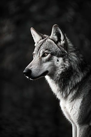 Portrait of a gray wolf in a black and white image.の素材
