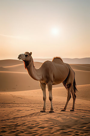 Camel in the Sahara desert at sunset. Morocco. Africa.の素材
