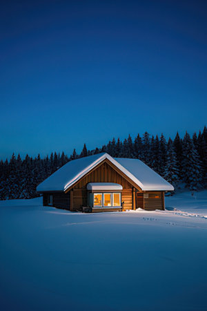 Wooden house in the mountains at night. Beautiful winter landscape.の素材