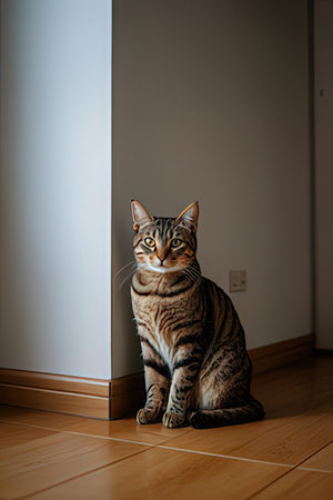 Beautiful cat sitting on the floor in the room at homeの素材