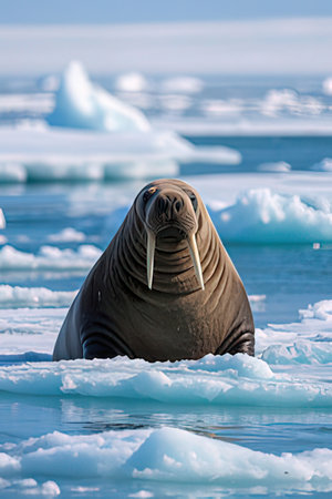 Walrus on the ice floe in Arctic waters.の素材