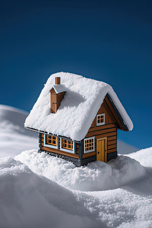 Small wooden house in the snow on a background of blue sky.の素材