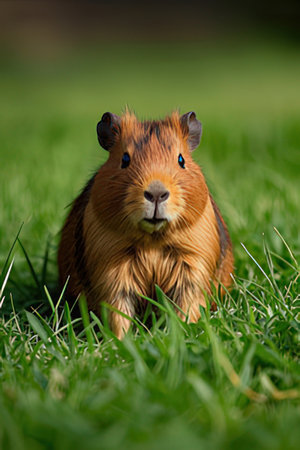 Cute guinea pig on the green grass in the garden.の素材