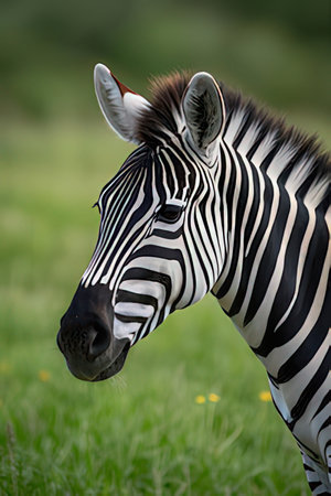 Close up of a zebra in a green meadow in springの素材