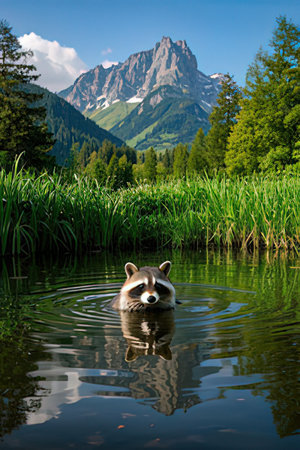 Raccoon swimming in a lake with mountains in the background.の素材