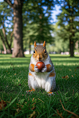 Squirrel with a nut on the green grass in the park.の素材
