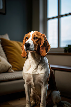 Beagle dog sitting on the floor at home and looking out the windowの素材